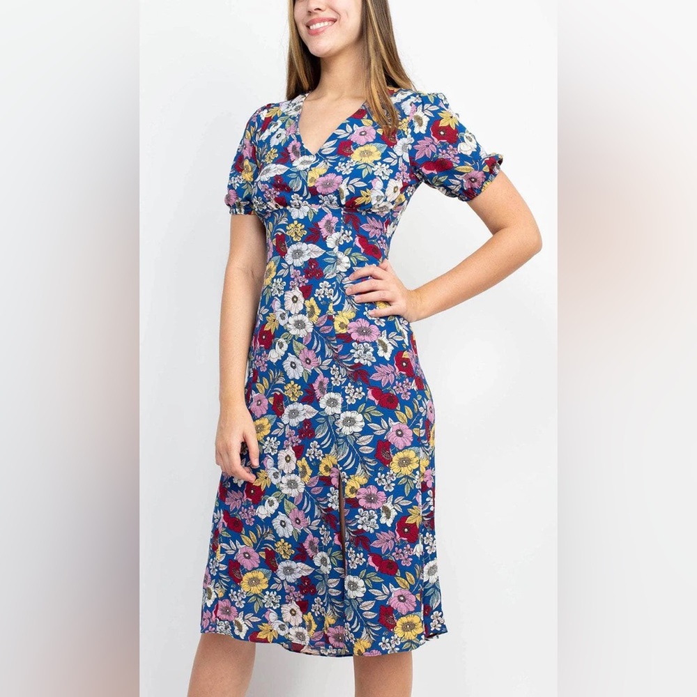 BCBGeneration Floral V-Neck Short Sleeve Midi Dress